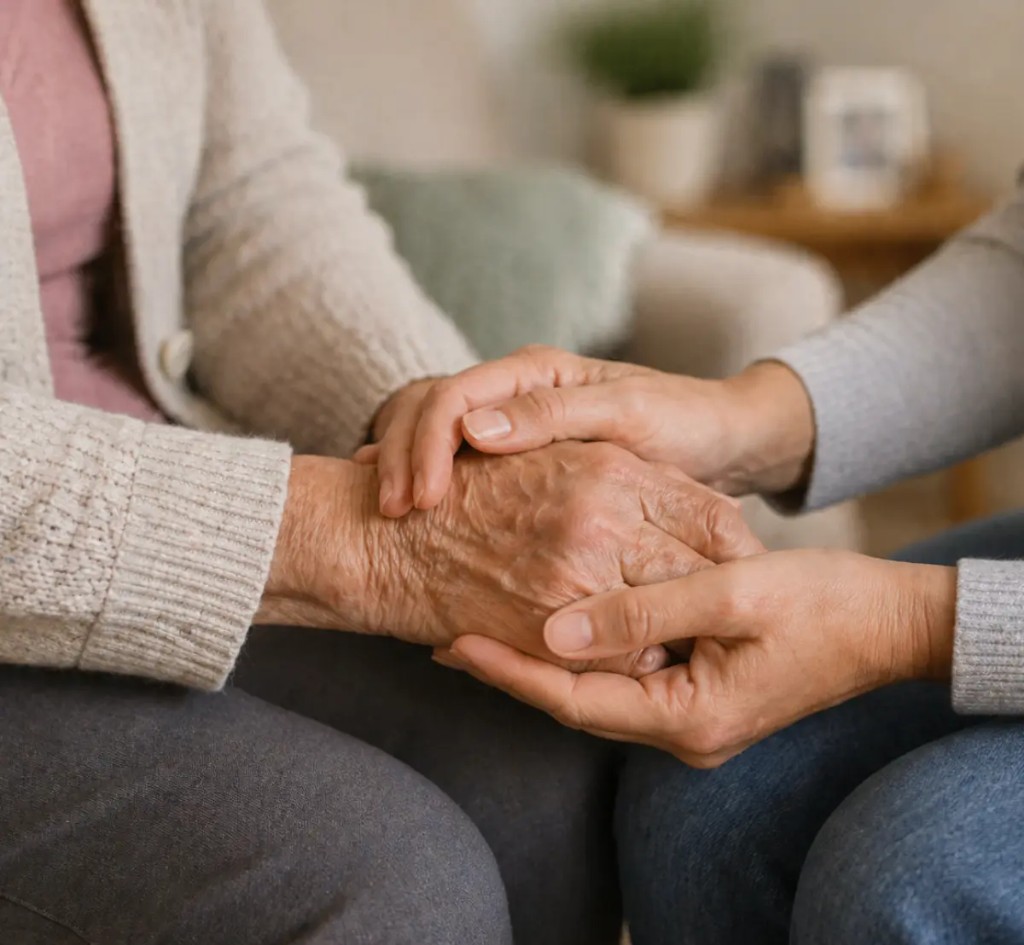 Hands providing supportive care to an older adult