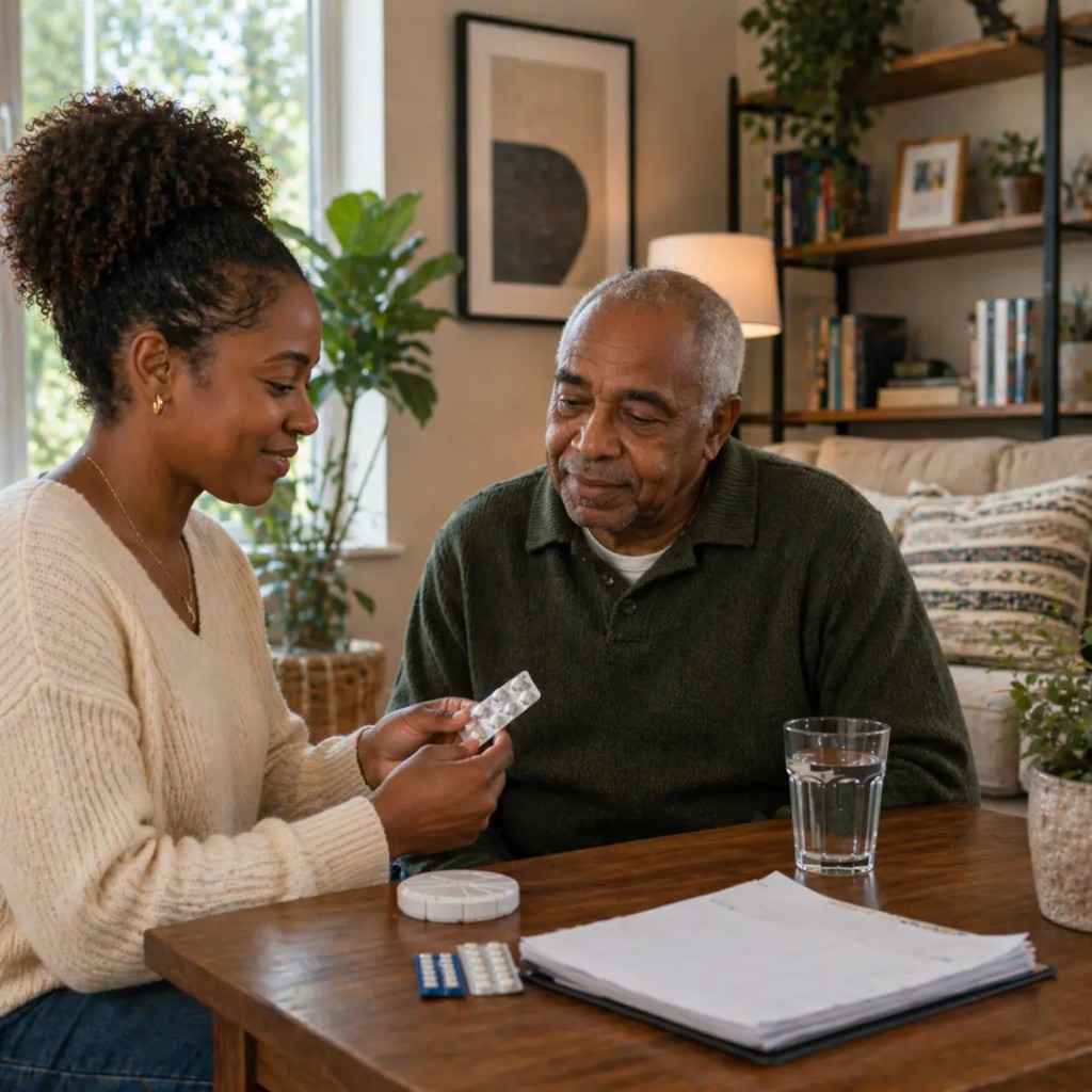 Caregiver helping an older adult with medications at home