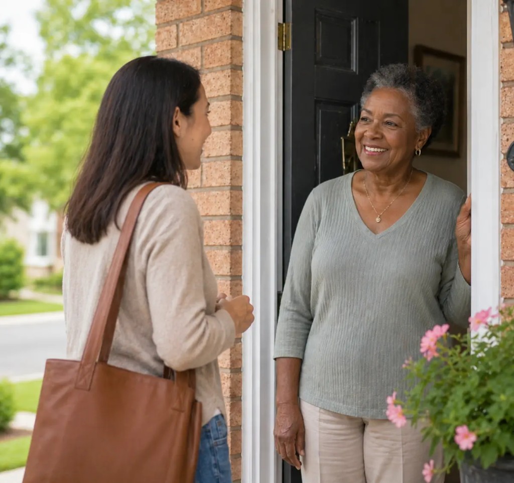 Caregiver greeting an older adult at the front door