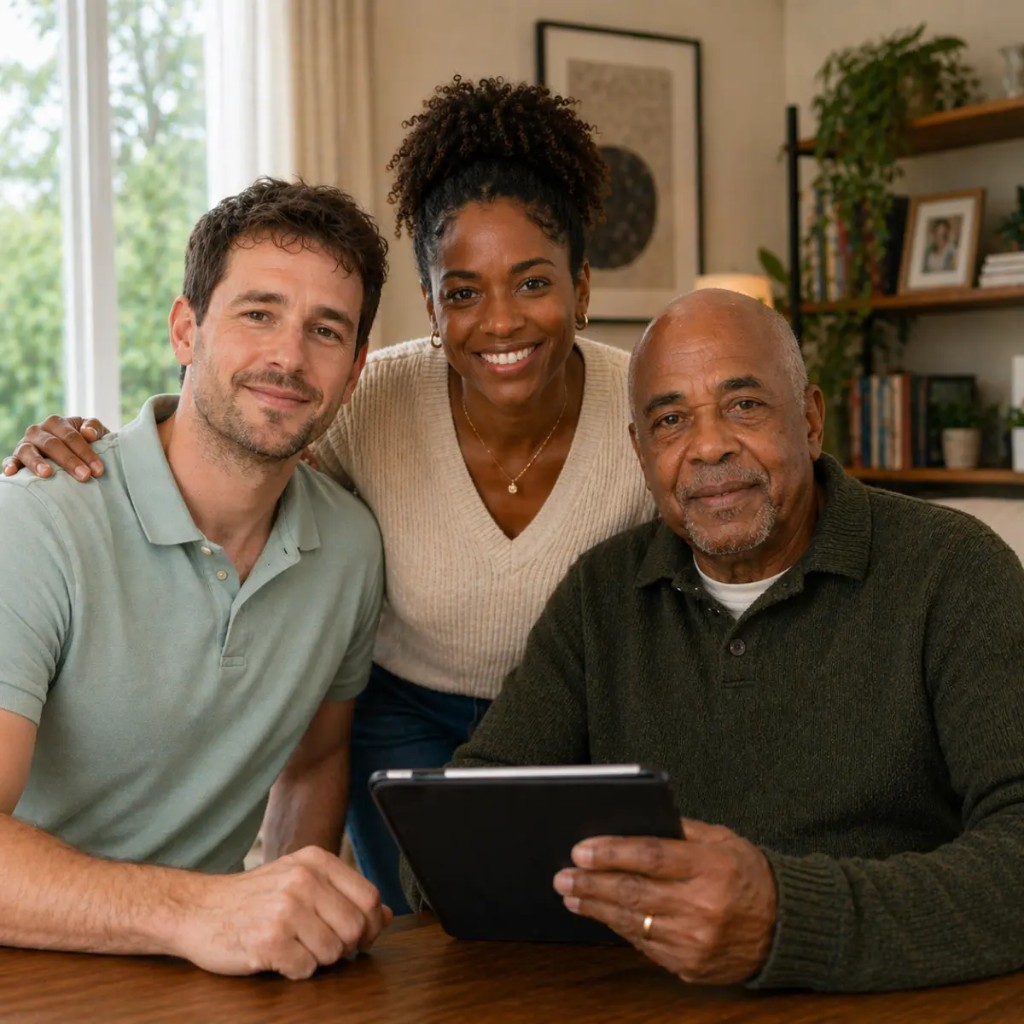 Family and caregiver reviewing care information together