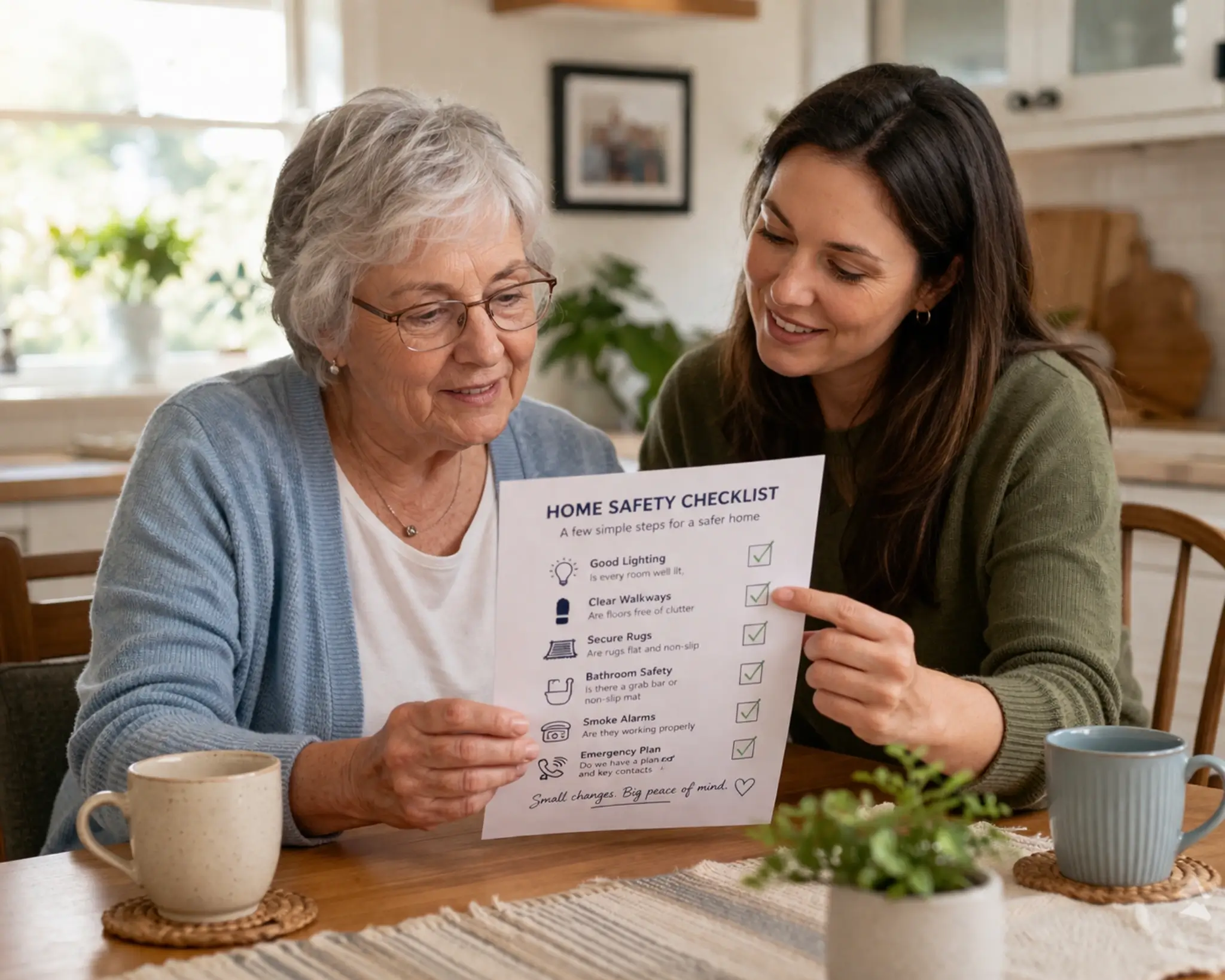 Adult daughter reviewing a home safety checklist with her aging parent in a bright living room
